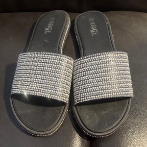 Rouge! Black Slide Sandals with Silver Rhinestone Straps